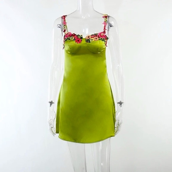 NWT lime satin flower chain strap chartreuse mini bustier embroidered slip dress - Picture 13 of 13